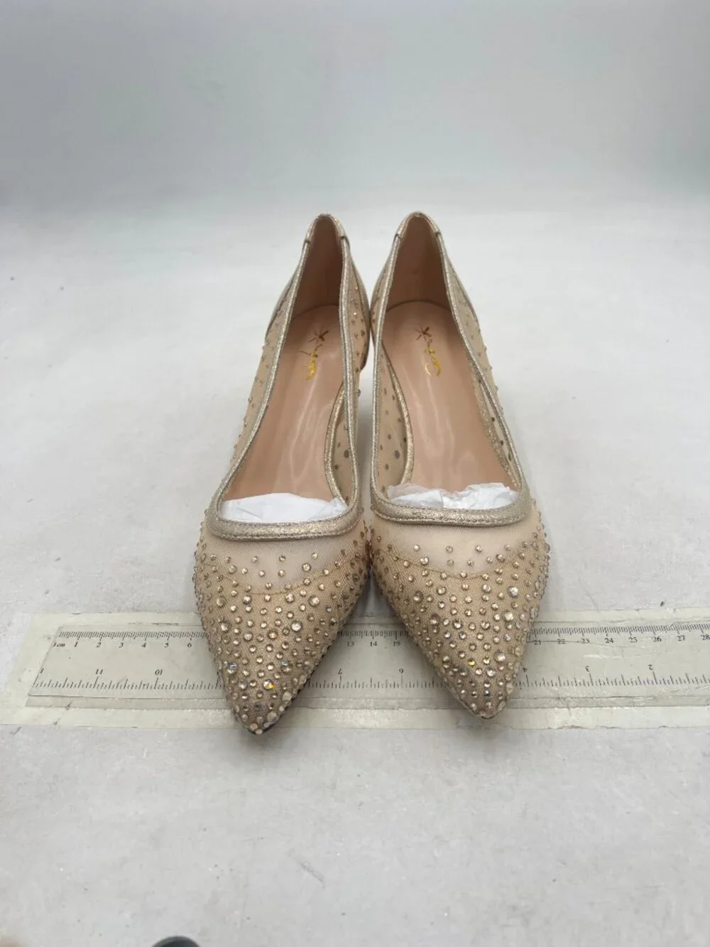 XYD Champagne Closed Toe Slip On Graceful Mesh Pumps Rhinestone Studs Shoes